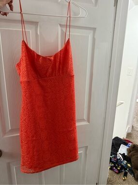 Orange Lace Spaghetti Strap Mini Dress